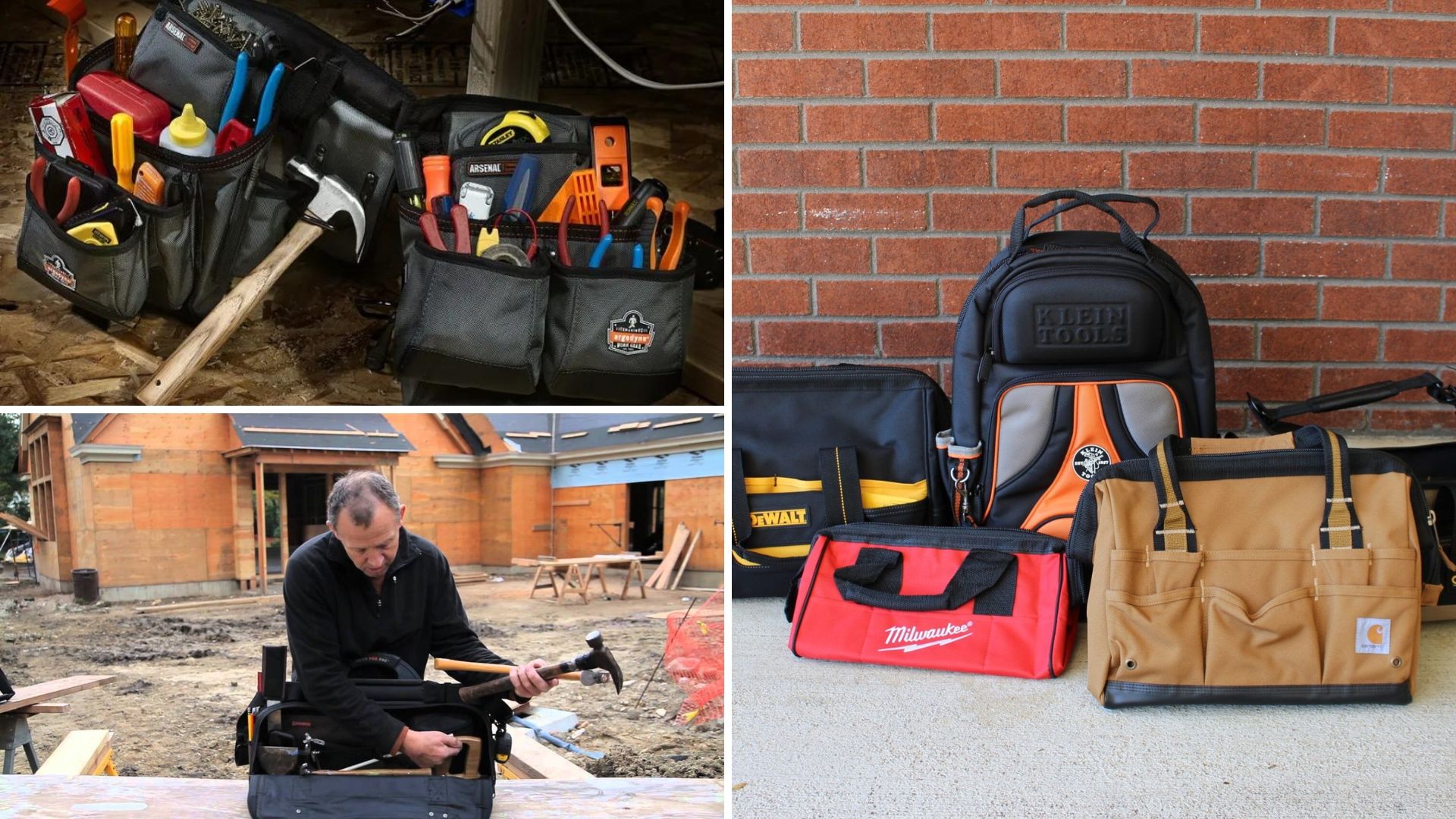A person with a veto tool bag and a variety of tool bags.