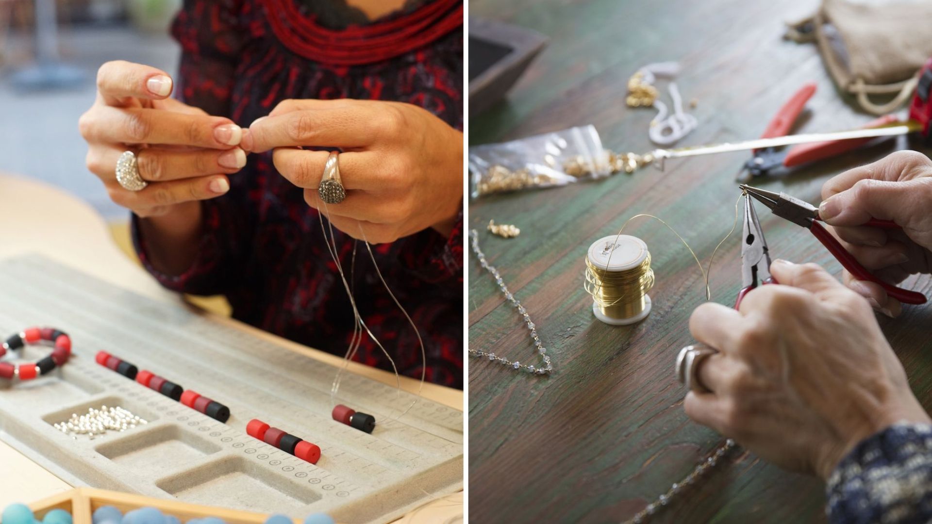 Two women making pieces of jewelry using different materials.