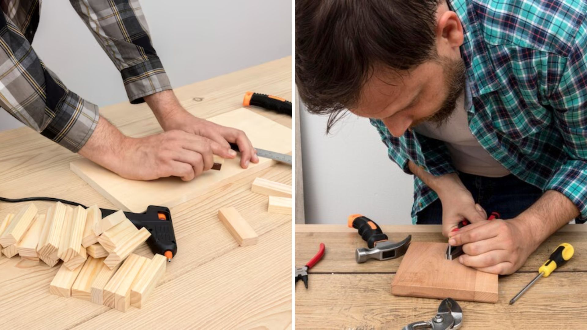 2 carpenters using crimping tools to hold plunks.