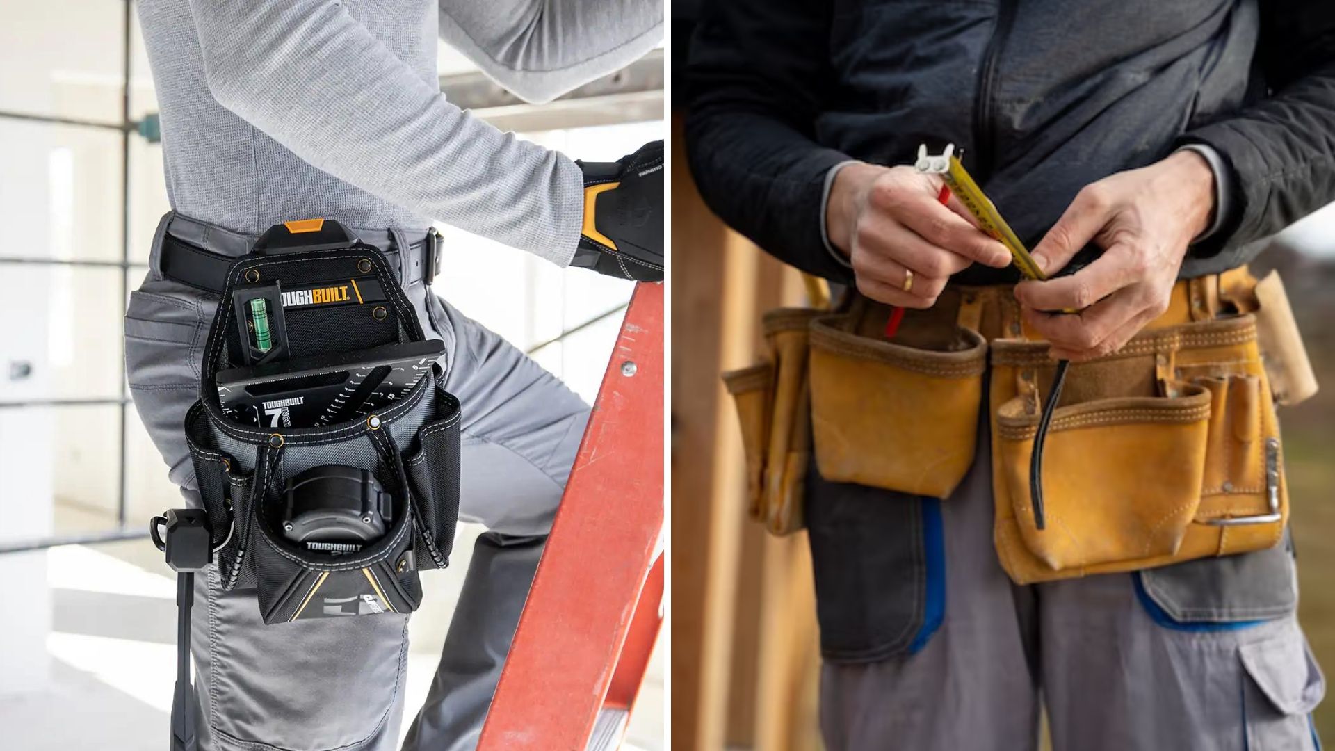 Two men wearing tool pouches.