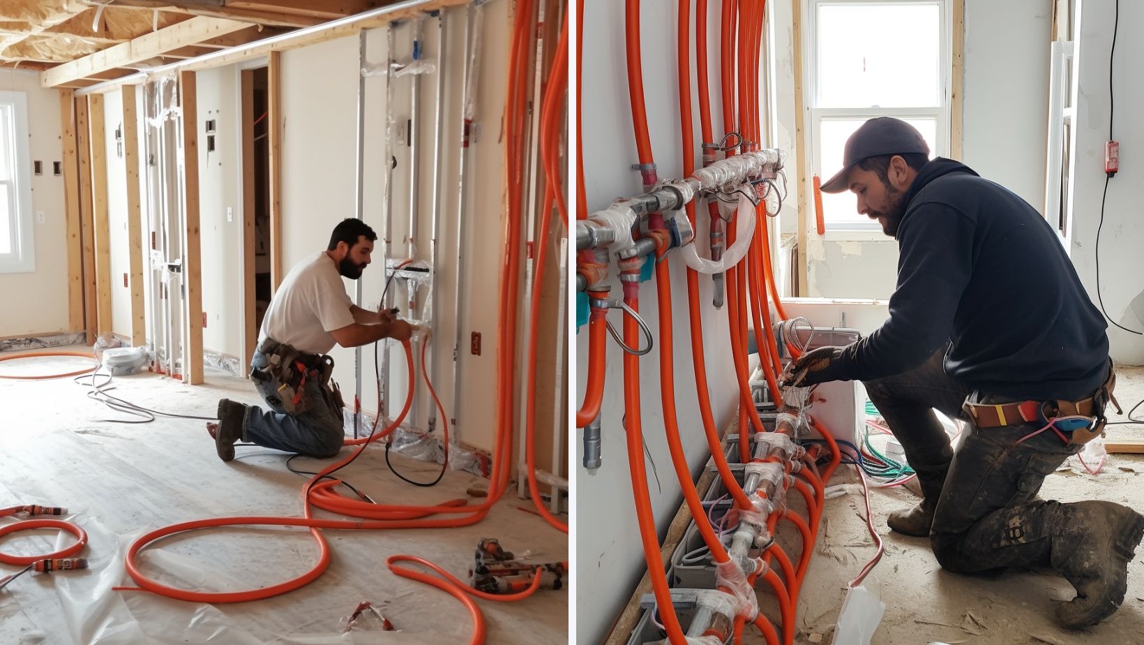 Two plumbers crimping the water pipes in a newly constructed house