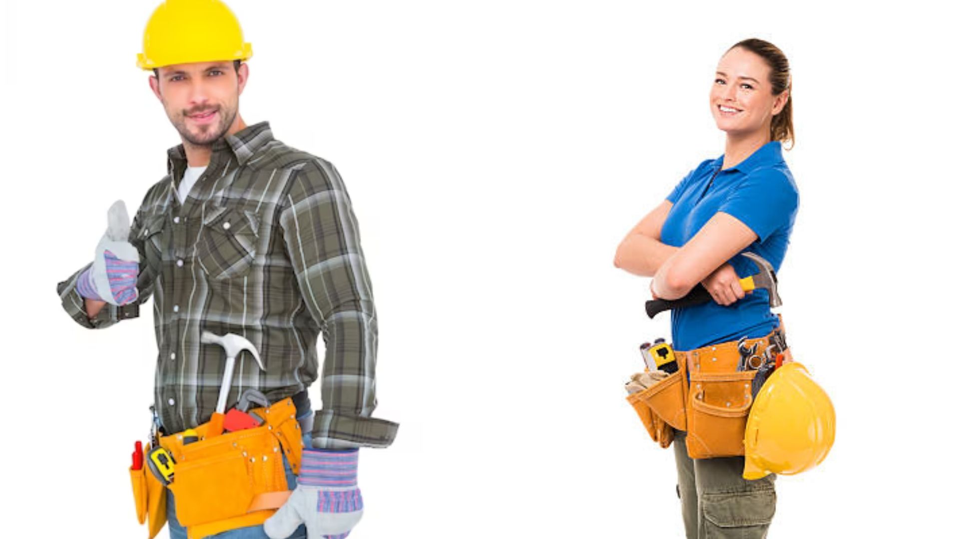 A man and a woman wearing tool pouches.