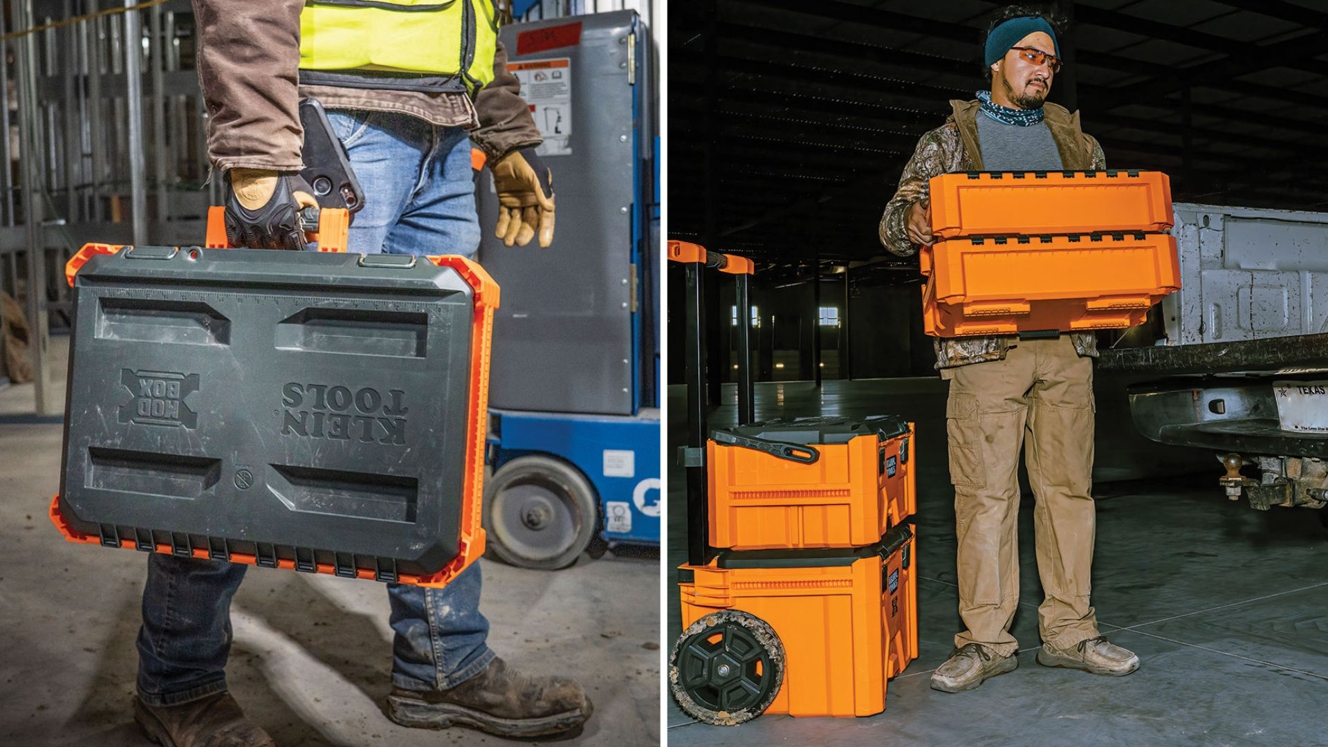 Two men carrying tool boxes.