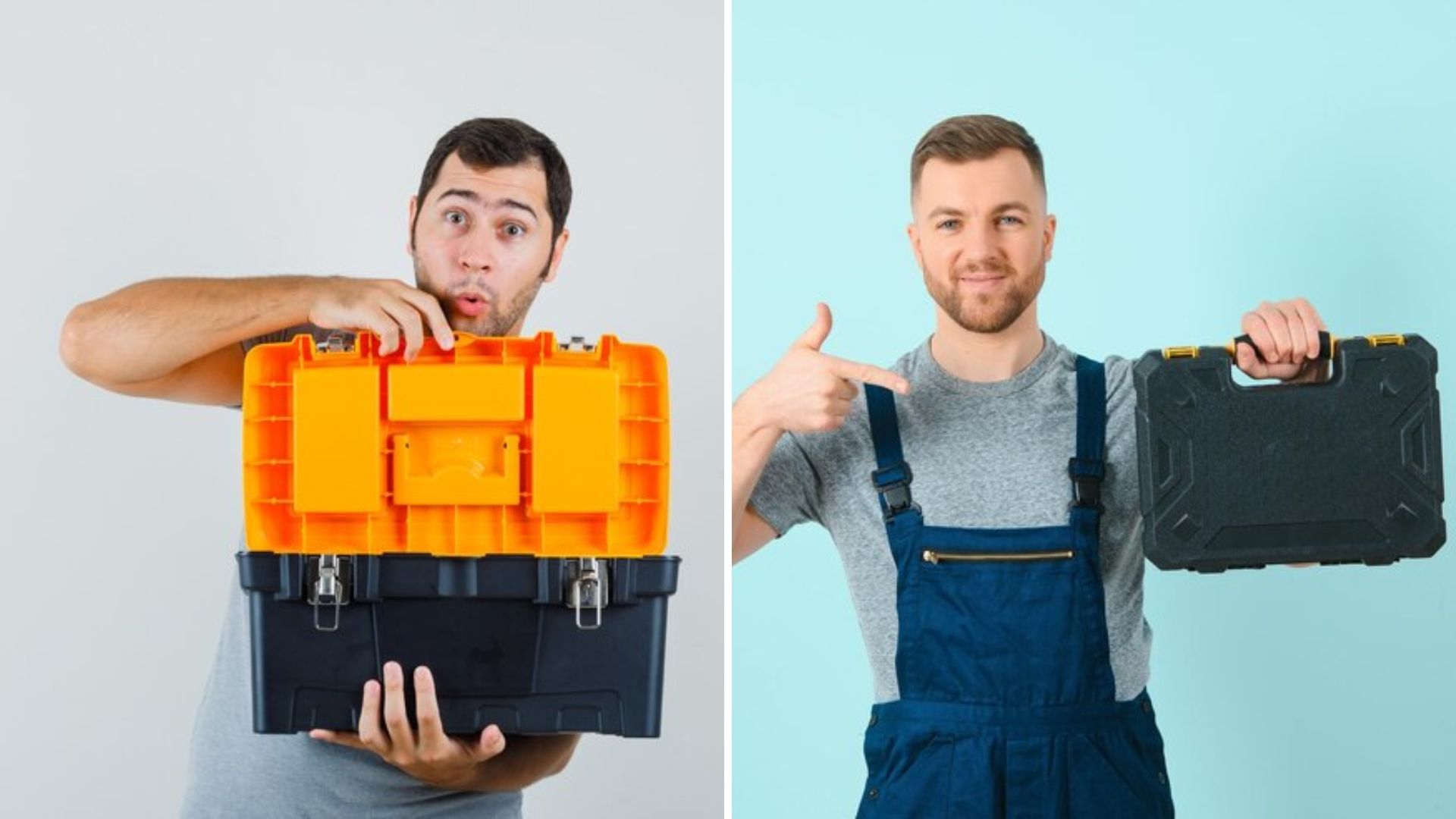 2 men holding tool boxes.