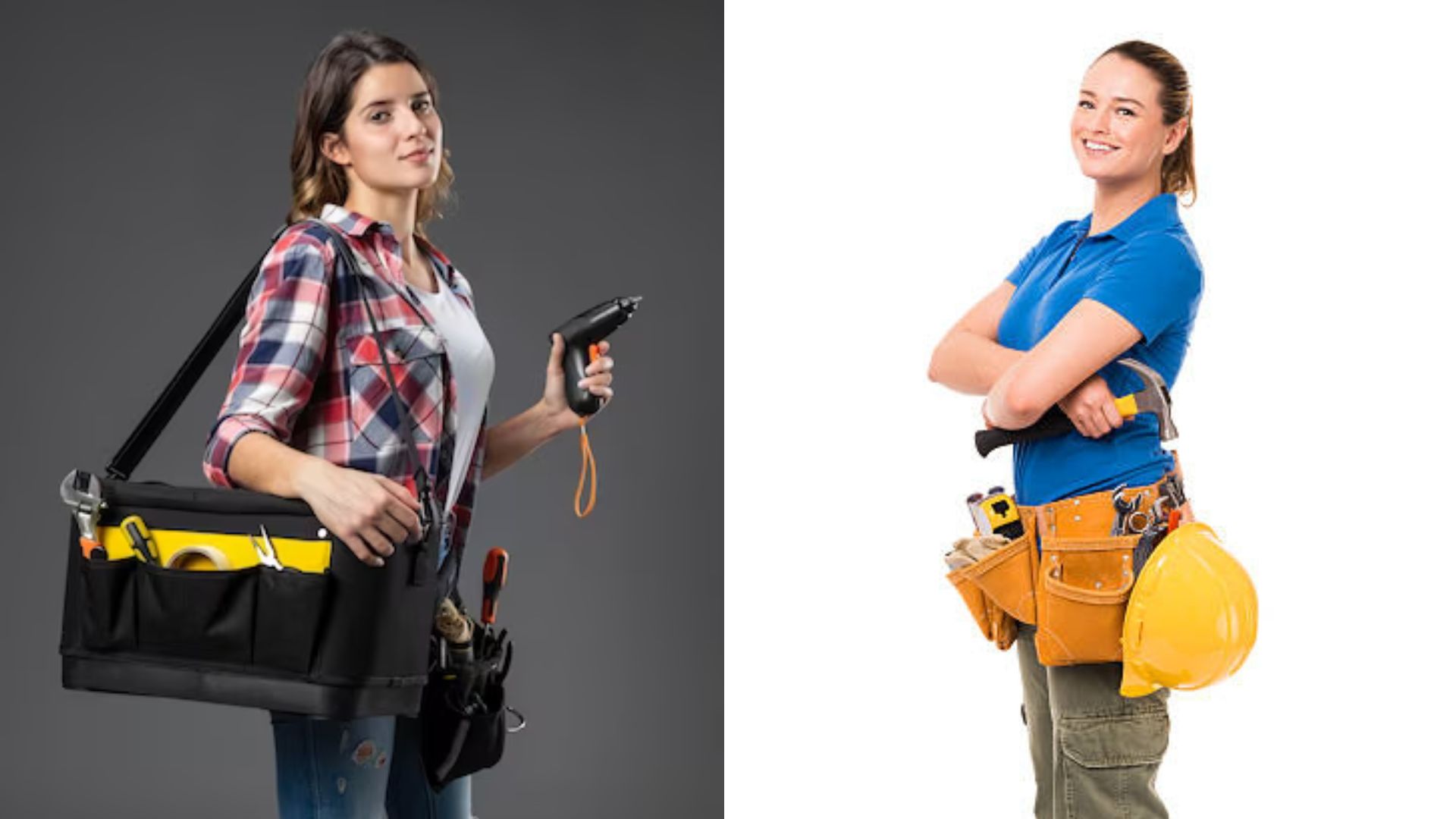 Two women wearing tool bags.