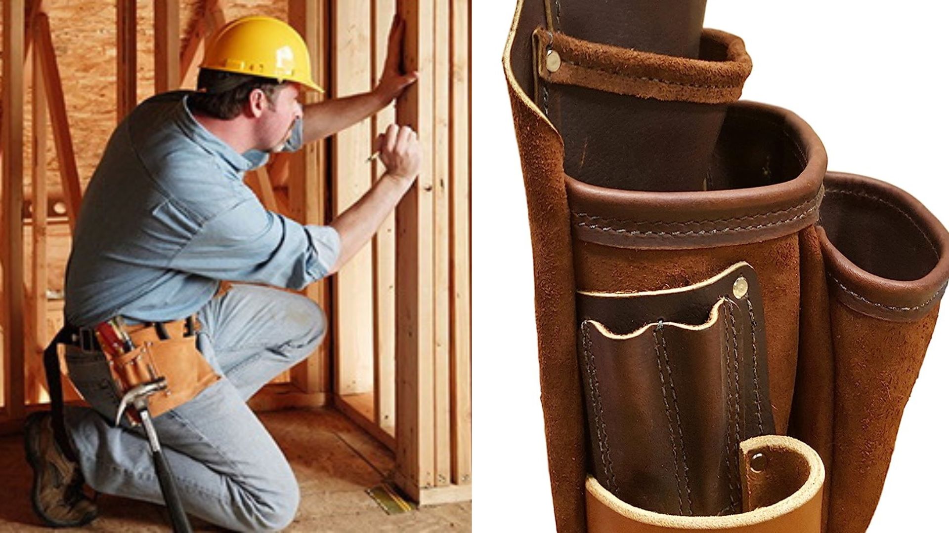 A man wearing a tool bag while working on a wooden door.