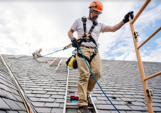 A man on the roof with a tool pouch attached to a harness.